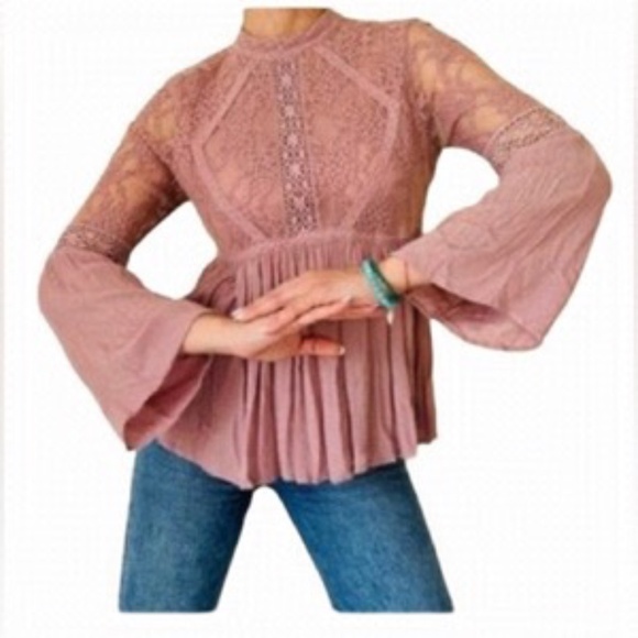 American Eagle Romantic Lace Boho Blouse Dusty Rose, Women's Medium - Picture 1 of 13